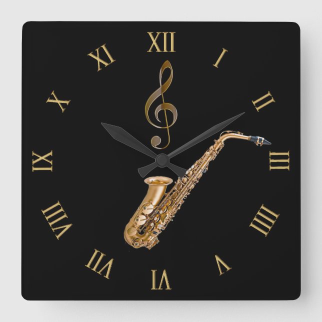 Saxophone Music-Themed Musician's Gift Square Wall Clock (Front)