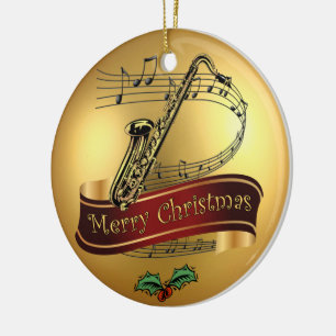 Saxophone ~Musical Scroll~Gold “Merry Christmas" ~ Ceramic Tree Decoration