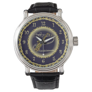 Saxophone ~ Musical Scroll ~ Gold/Navy Blue ~  Watch