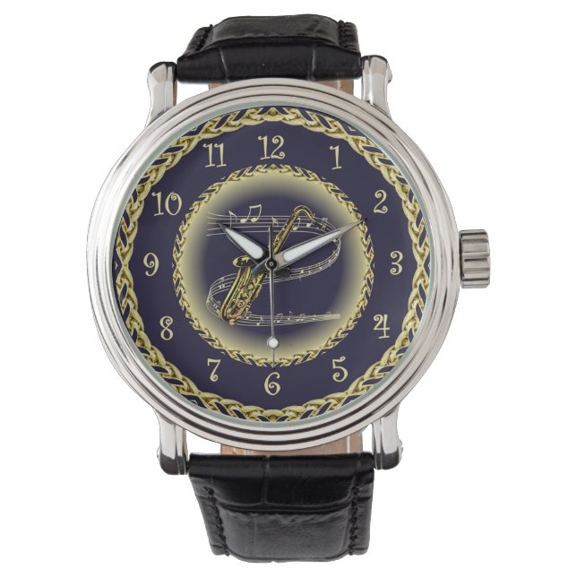 Saxophone ~ Musical Scroll ~ Gold/Navy Blue ~  Watch (Front)