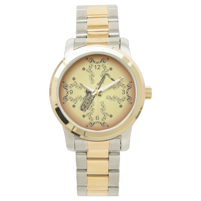 Saxophone ~ Musical Scroll ~ Golden Background ~ Watch (Front)