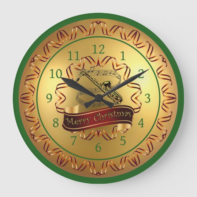Saxophone ~ Musical Scroll ~ “Merry Christmas”  Large Clock (Front)