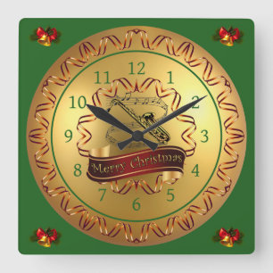 Saxophone ~ Musical Scroll ~ “Merry Christmas”  Square Wall Clock