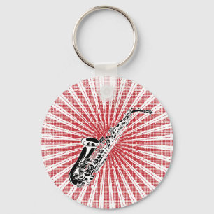 Saxophone on Grunge Red Sunburst Key Ring