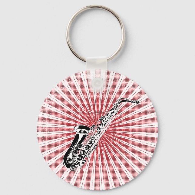 Saxophone on Grunge Red Sunburst Key Ring (Front)