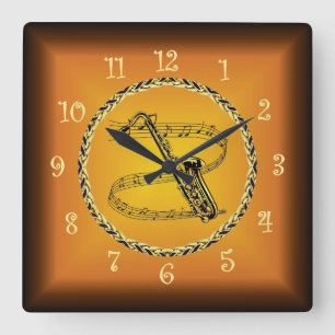 Saxophone On Musical Scroll & Russet Orange ~ Square Wall Clock