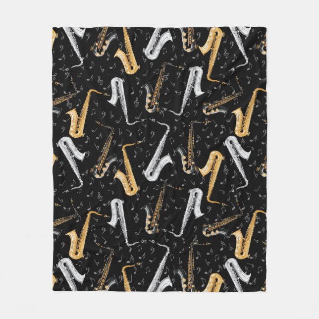 saxophone pattern vintage Saxophonist Musician Ban Fleece Blanket (Front)