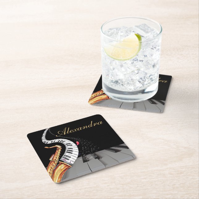 Saxophone Personalised Black Gold Square Paper Coaster (Insitu)