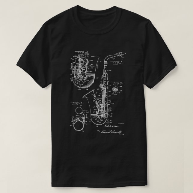 Saxophone Player Cool Patent Style Alto Sax T-Shirt (Design Front)