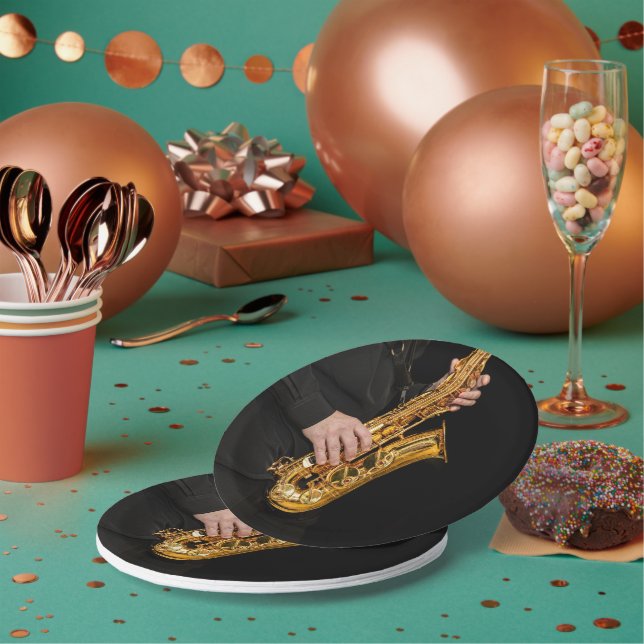 Saxophone Player hands Saxophonist playing jazz Paper Plate (Multi)
