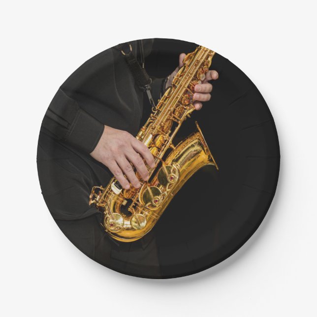 Saxophone Player hands Saxophonist playing jazz Paper Plate (Front)