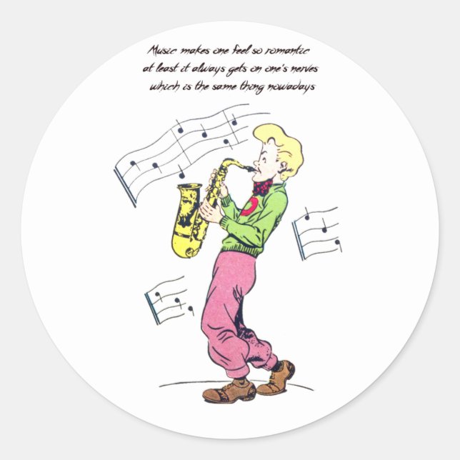 Saxophone Player Music Quotes comic book art Classic Round Sticker (Front)