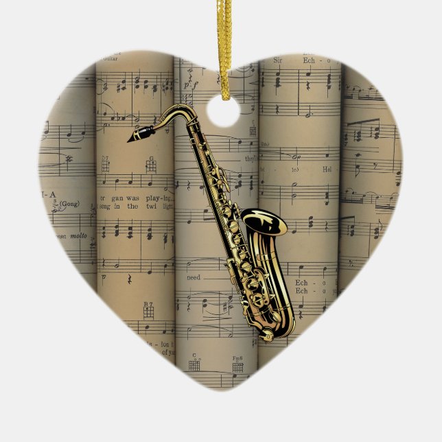 Saxophone ~ Rolled Sheet Music Background ~ Music Ceramic Tree Decoration (Front)