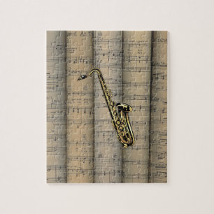 Saxophone ~ Rolled Sheet Music Background ~ Music Jigsaw Puzzle