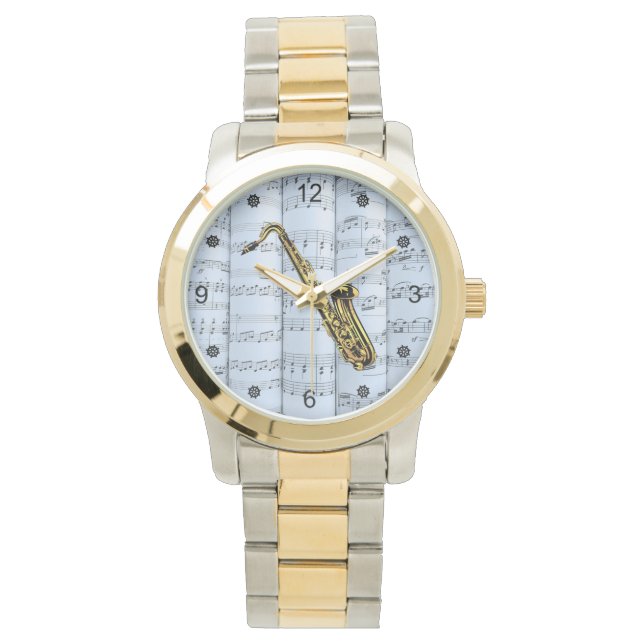 Saxophone~Rolled Sheet Music~Blue Tint Background  Watch (Front)