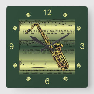 Saxophone~Rolled Sheet Music~Gold/Green Background Square Wall Clock