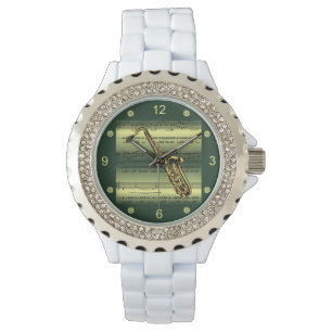 Saxophone~Rolled Sheet Music~Gold/Green Background Watch