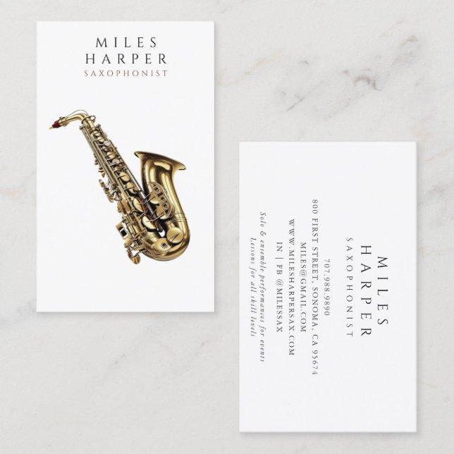 Saxophone Saxophonist Musician Teacher Business Card (Front/Back)