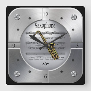 Saxophone ~ Sheet Music ~ Brushed Silver Color ~ Square Wall Clock