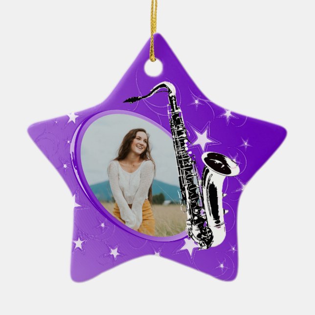 Saxophone Shining Star Photo Ceramic Ornament (Front)