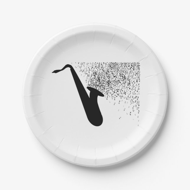 Saxophone Silhouette With Musical Notes Paper Plate (Front)