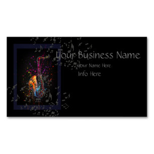 Saxophone Splash And Music Notes Magnetic Business Card