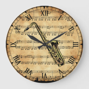 Saxophone~Vintage Sheet Music Background~Unique Large Clock