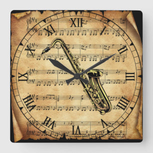 Saxophone~Vintage Sheet Music Background~Unique Square Wall Clock