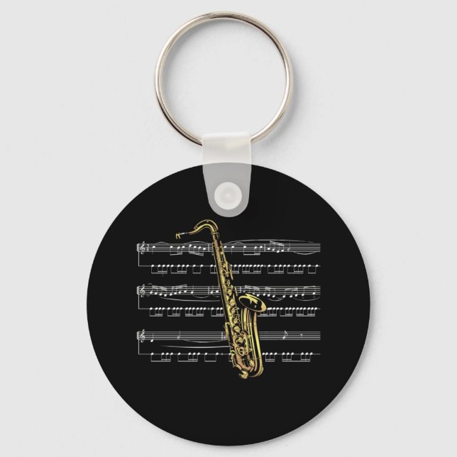 Saxophone w/Sheet Music ~ Black Background Key Ring (Front)