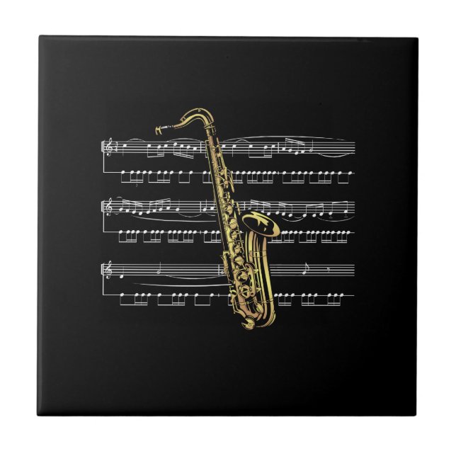 Saxophone w/Sheet Music ~ Black Background Tile (Front)