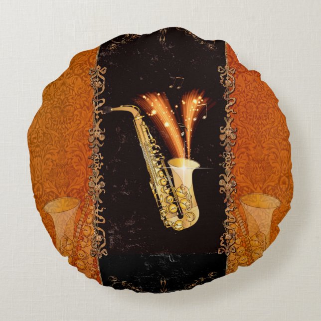 Saxophone with key notes and floral elements round cushion (Back)