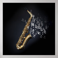 Saxophone with musical notes coming out the bell