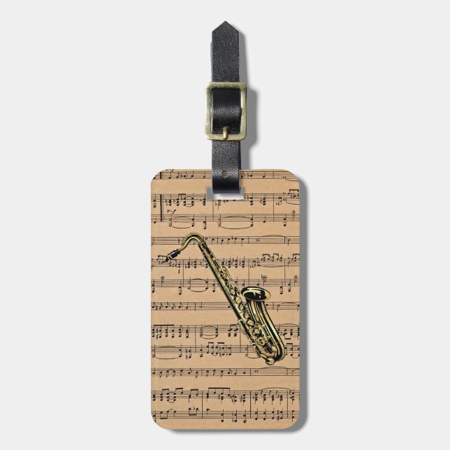 Saxophone ~ With Sheet Music Background Luggage Tag (Front Vertical)