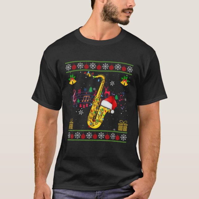 Saxophone Xmas Lights Santa Saxophone Ugly Christm T-Shirt (Front)