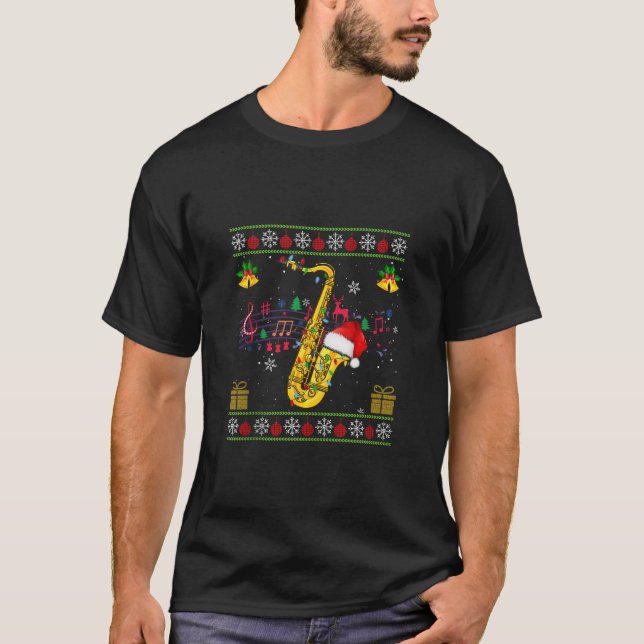 Saxophone Xmas Lights Santa Saxophone Ugly Christm T-Shirt (Front)