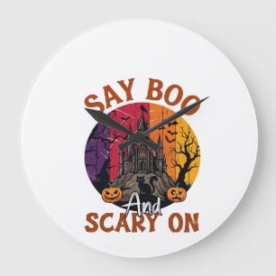 Say Boo Scary Halloween Haunted House Black Cat Pu Large Clock