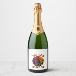 Say Boo Scary Halloween Haunted House Black Cat Pu Sparkling Wine Label