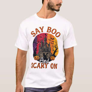 Say Boo Scary Halloween Haunted House Black Cat Pu T-Shirt
