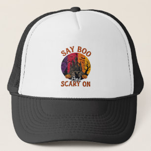 Say Boo Scary Halloween Haunted House Black Cat Pu Trucker Hat