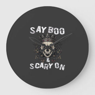 Say Boo Scary Skull Crown Bat Wings Halloween_1 Large Clock