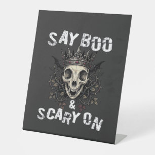 Say Boo Scary Skull Crown Bat Wings Halloween_1 Pedestal Sign