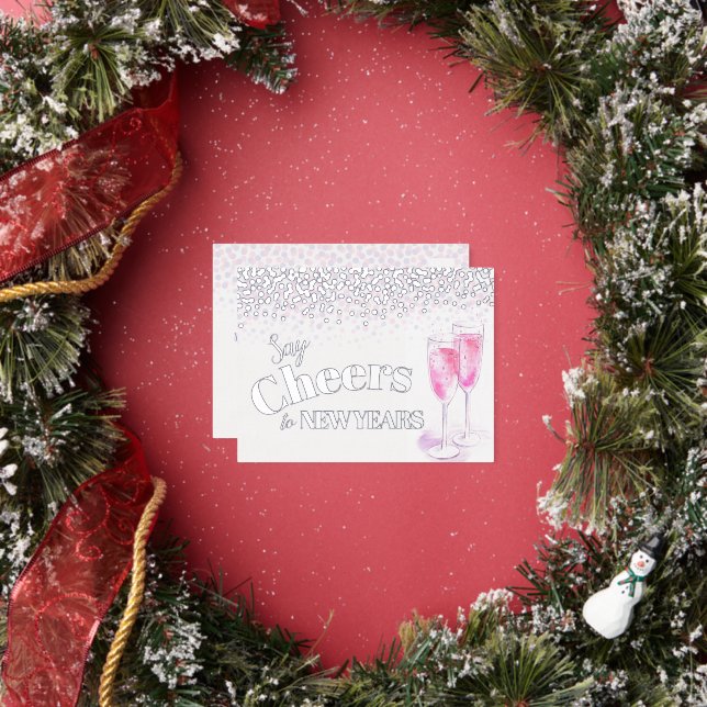 Say cheers to the New Year pink champagne glasses Foil Holiday Postcard (Insitu)