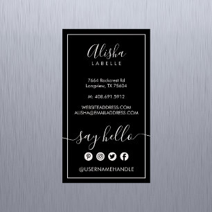 Say Hello Elegant Black & Blush Pink Social Magnetic Business Card