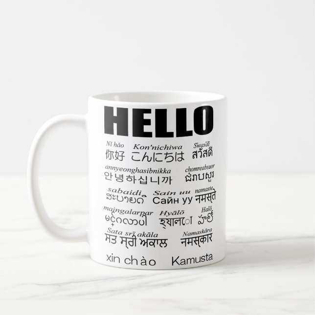 Say hello in 15 Asian languages. Coffee Mug (Left)