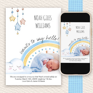 Say Hello Photo Cute Rainbow Nursery Boy Birth Announcement