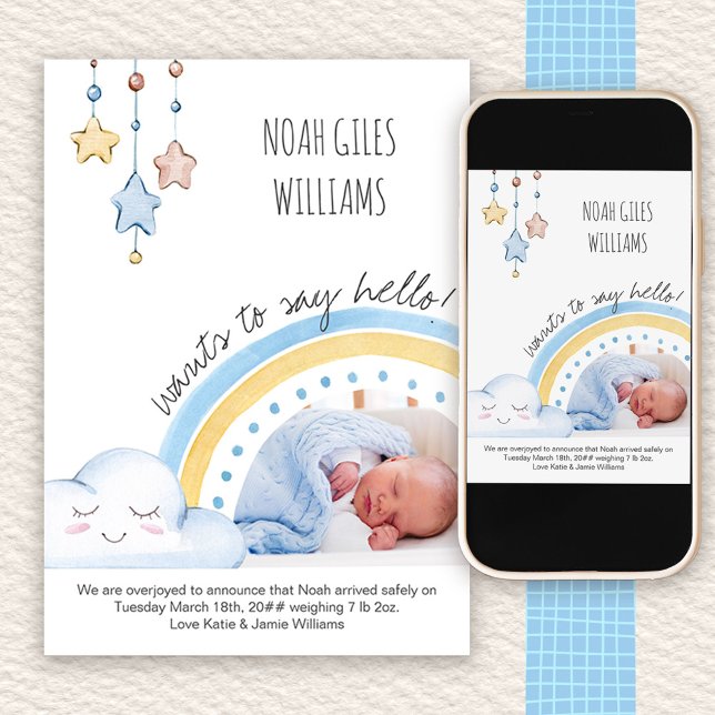 Say Hello Photo Cute Rainbow Nursery Boy Birth Announcement (Photo Baby Boy Birth Announcement with Cute Rainbow)