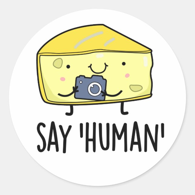 Say Human Funny Photographer Cheese Pun Classic Round Sticker (Front)