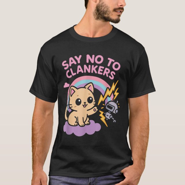 Say No To Clankers Anti Ai Robots Cute Kitten Rain T-Shirt (Front)