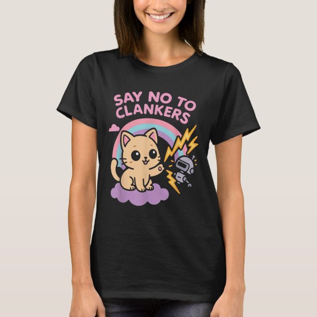 Say No To Clankers Anti Ai Robots Cute Kitten Rain T-Shirt (Front)
