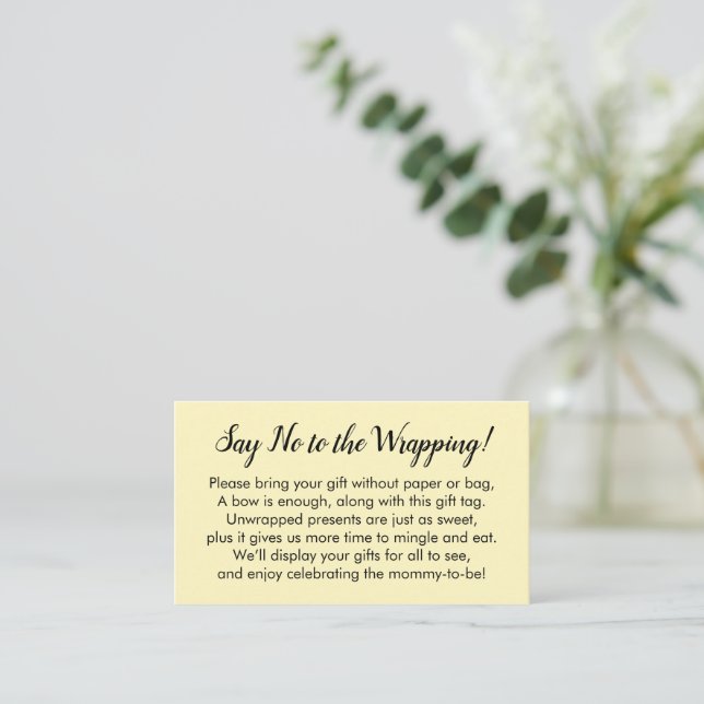 Say No to Wrapping Baby Shower Butter Yellow Gift Enclosure Card (Standing Front)